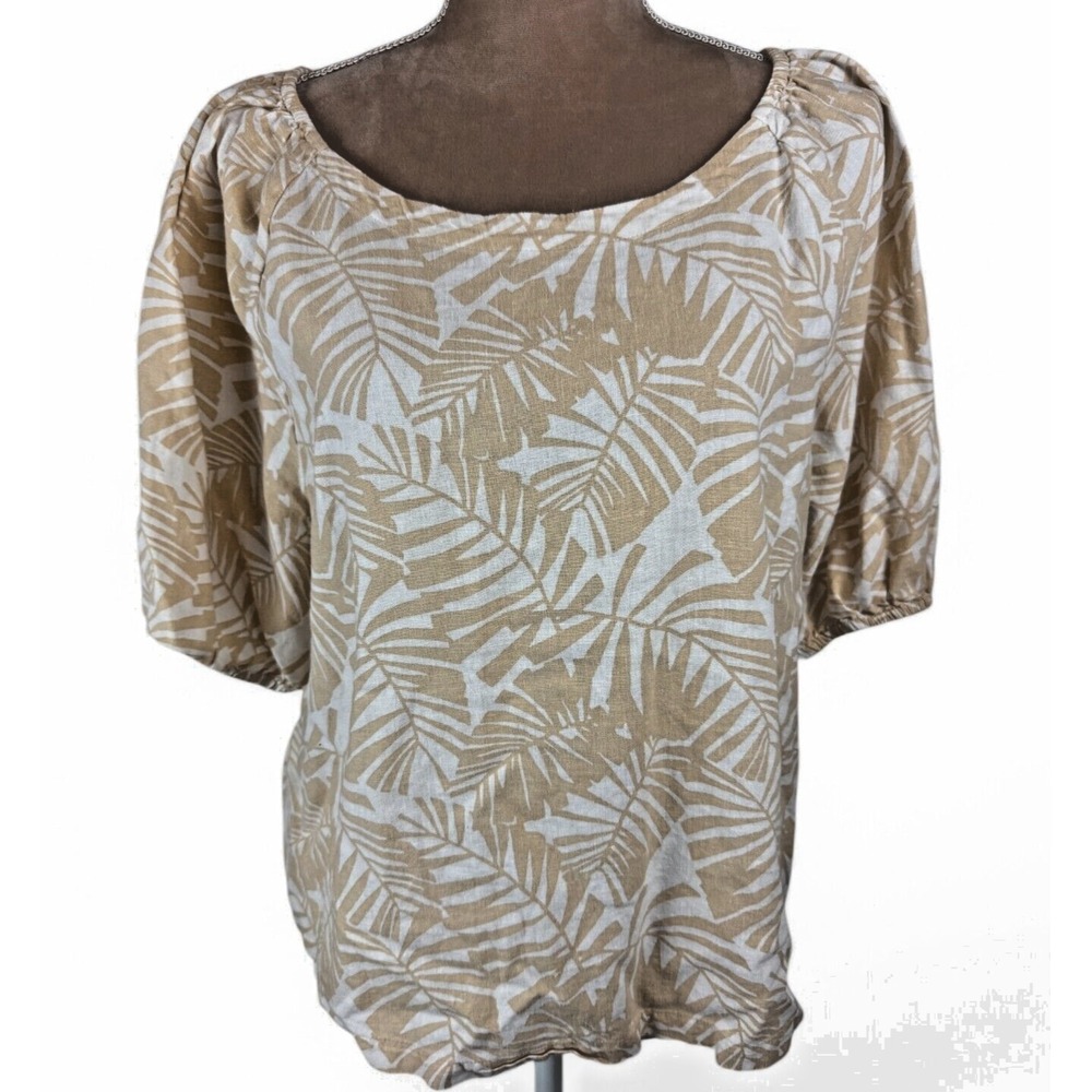 Ann Taylor Loft Womens Sz XL Linen Top‎ Tropical Print Tan Cream Puff Sleeve